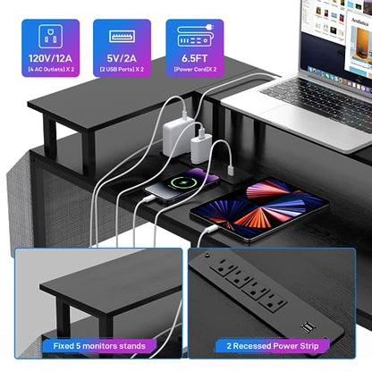 U Shaped Desk with Power Outlet & LED Lights, 79" Reversible Computer Desk with Monitor Stand, Wood Home Office Desks Gaming Desk with Shelving, Side Storage Pockets, Black - color: Black