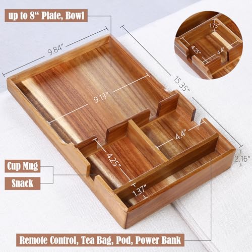 Nnewvante Couch Tray Insert with Cup Holder,2-in-1 Insert & Flat Sofa Organizer Acacia Wood with 2 Cup Holders,Fits Middle Couch or Ottomans,for Snacks, Drinks, Remotes,15.35x9.84-inch - color: Acacia Wood