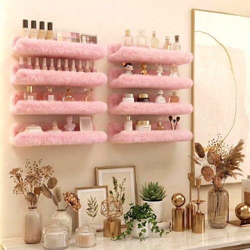 Care&More YJ 15 Inch Nail Polish Shelves, 4-Pack Fuzzy Display Nail Polish Rack for Storing Nail Bottles, Sunglasses, Essential Oils, Plush Soft Pink - color: Pink