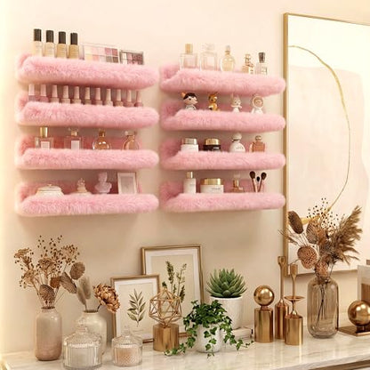 Care&More YJ 15 Inch Nail Polish Shelves, 4-Pack Fuzzy Display Nail Polish Rack for Storing Nail Bottles, Sunglasses, Essential Oils, Plush Soft Pink - color: Pink