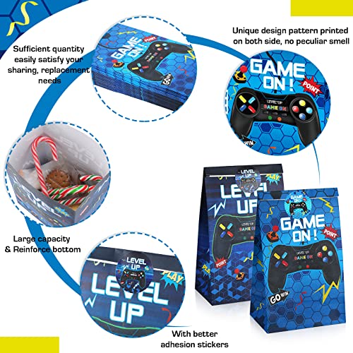Geosar 30 Pack Video Game Party Favor Paper Bags Game on Goodie Candy Gift Bags with 30 Stickers Level up Reusable Goodie Treat Snacks Supplies for Boys Kids Gaming Birthday Party(Blue) - color: Blue
