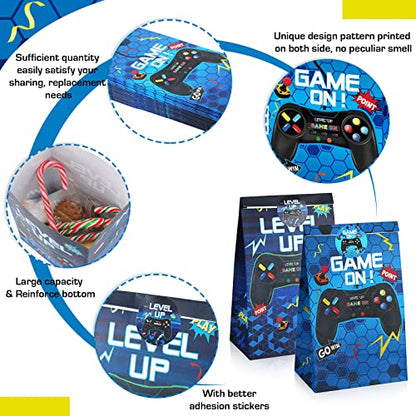 Geosar 30 Pack Video Game Party Favor Paper Bags Game on Goodie Candy Gift Bags with 30 Stickers Level up Reusable Goodie Treat Snacks Supplies for Boys Kids Gaming Birthday Party(Blue) - color: Blue