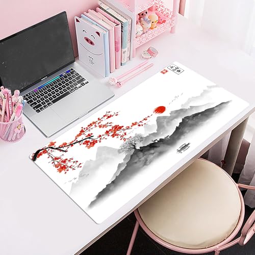 EOBTAIN Japanese Large Gaming Mouse Pad Cherry Blossom Keyboard Mat 31.5x15.7 Inch Mountain Landscape XXL Thin and Big Extended Desk Mat Smooth Non-Slip Rubber Mousepad Stitch Desk Accessories - color: Grey