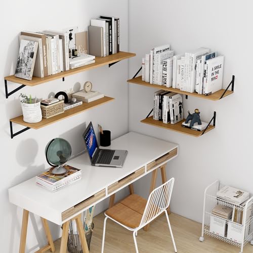 Heimlove 12 Inch Deep Floating Shelves for Wall, 24W x 12D Wood Wall Shelves Set of 2, Rustic Oak Wide Floating Bookshelf for Living Room, Kitchen, Office, Bedroom, with Black Metal Bracke - Oak - color: Oak With Black Metal Bracket, size: 24wx12dx5.8h
