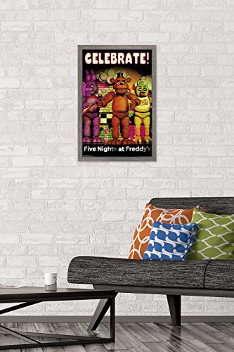 Trends International Five Nights at Freddy's - Celebrate Wall Poster, 14.725" x 22.375", Barnwood Framed Version - color: Barnwood Framed Version, size: 22.4"L x 14.7"W