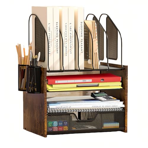 Wood Desk Organizer - 4-Tier Desktop File Organizer with Drawer, Wooden Paper Tray, Vertical File Holders & 2 Pencil Holders - Office Desk Organizer for Papers, Mail, Notebooks, Stationery - size: 4 Tier Drawer with Vertical File Holder