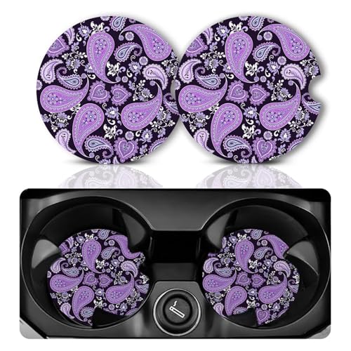 Purple Car Coasters Set of 2 for Cup Holder 2.63" Absorbent Ceramic Cup Coaster Non-Slip Cork Base Drink Coasters with Finger Notch Car Accessories Interior for Women Men - color: Purple