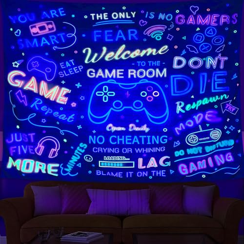 ARTCREATOR Black Light Gaming Tapestry, Welcome To The Game Room Sign For Gaming Room Wall Decor For Boys, Cool UV Reactive Tapestries Gaming Wall Decor for Bedroom (59" x 78") - color: colours, size: 78"L x 59"W
