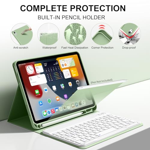 Keyboard Case for iPad (A16) 11th Gen 11 Inch 2025, iPad 10th Generation 10.9 inch 2022 with Pencil Holder, Wireless Keyboard and Slim Lightweight Soft Cover Auto Wake/Sleep, Matcha Green - color: Matcha Green