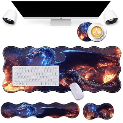 Bxgolkgd Desk Mat Set,Mouse Pad with Keyboard Wrist Rest & Mouse Wrist Rest,Wave-Shaped Design,Non-Slip Rubber Base,Ergonomic Desk Mat for Home,Office,Gaming,Dragon - color: Dragon