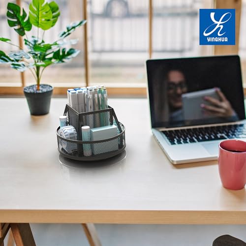 YINGHUA Metal Mesh Desk Organizer with 5 Compartments and Rotating Pencil Holder Pen and Stationery Organizer for Office Home School Anti Slip Base Black - color: Black