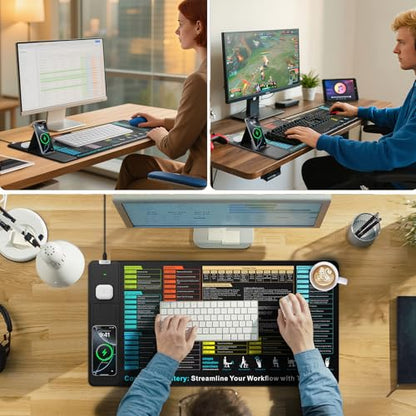 Wireless Charging Mouse Pad with Foldable Phone Holder, 31.5"x15.8" XXL Excel Cheat Sheet Desk Mat for Laptop/Keyboard, Waterproof Ultra-Smooth Surface, Non-Slip Base - color: Black-31.5"x15.8"-Excel Shortcuts-Phone Holder