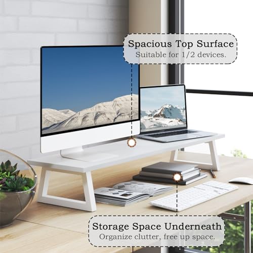 TEAMIX White Dual Monitor Riser - 31.5 inch Wide TV Stand for 2 Monitors - Wood & Steel Desktop Riser for Dual Screen Office Desk Organization - color: White