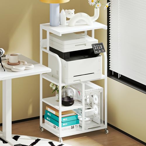 VEDECASA Mobile High Printer Stand with Power Outlet Charging Plugs USB Port Office Storage Shelf Includes Computer Tower CPU Stand Holder with Wheel (White) - color: White