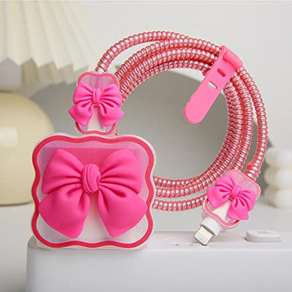 Compatible with iPhone 18W/20W USB-C Charger Cover Cute 3D Bow Tie Design Clear Soft Charger Protector Kawaii Cable Saver for iPhone 11 12 13 14 Pro Max Fast Power Adapter, Rose 2 (5in1) - color: Rose 2 (5 in 1)