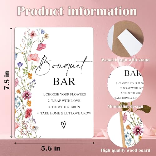 Bouquet Bar Sign, Flowers Bridal Shower Decorations, Wedding Reception Table Decorations, Engagement Party Decor, Boho Wooden Sign with Stand for Wedding Reception And Bridal Party Decor, 5 - color: Bouquet Bar5