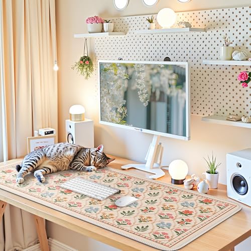 iCasso Floral Desk Pad Mat, Large Mouse Pad, Desk Matt for Desktop, Anti-Slip XXL Big Mousepad with Stitched Edges for Computer Keyboard (Beige Moroccan) - color: Beige Moroccan