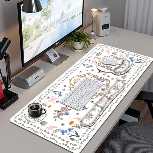 White Florals Mouse Pad, XXL Large Desk Mat Extended Nature Aesthetic Desk pad, 4 PCS Non-Slip Rubber Base Computer Big Mousepads for Work, Game, Office, Home Decor I Weeds Vintage Birds - color: Weeds Vintage Birds