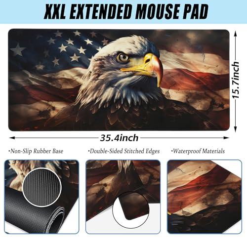 Desk Mat,American Bald Eagle Large Gaming Mouse Pad for Desk XXL,USA Flag Eagle Desk Pad,Extended Big Computer Keyboard Mouse Pad with Non-Slip Base and Stitched Edge 35.4"x15.7" - color: American Bald Eagle, size: XXL-35.4"x15.7"