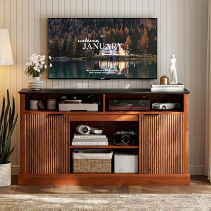 LCRBOL TV Stand for up to 65" TV, Mid-Century Entertainment Center, Walnut | 63"W x 15.4"D x 25"H, 2 fluted cabinets, 1 drawer & open shelves, matte walnut top, top holds 180 lbs, ~90 min assembly - color: Brown & Black