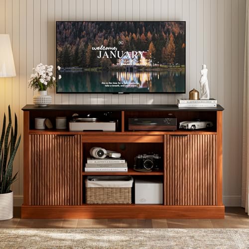 LCRBOL TV Stand for up to 65" TV, Mid-Century Entertainment Center, Walnut | 63"W x 15.4"D x 25"H, 2 fluted cabinets, 1 drawer & open shelves, matte walnut top, top holds 180 lbs, ~90 min assembly - color: Brown & Black