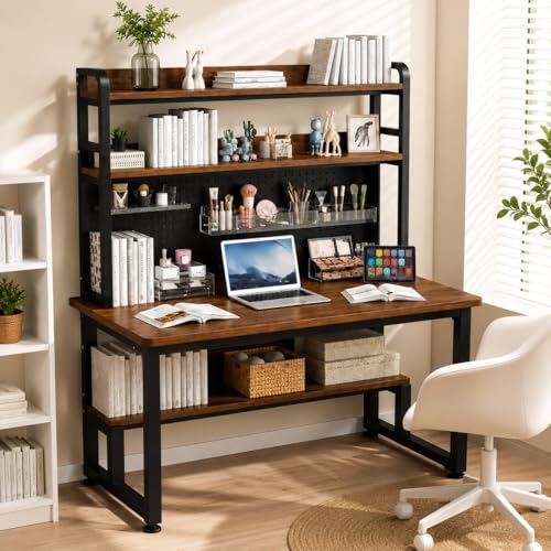 Computer Desk with Power Outlet & LED Lights, 31 inch Gaming Desk with Hutch & Pegboard, Home Office Desk with Storage Shelves for Bedroom, Study(Brown,31inch) - color: Brown, size: 31inch