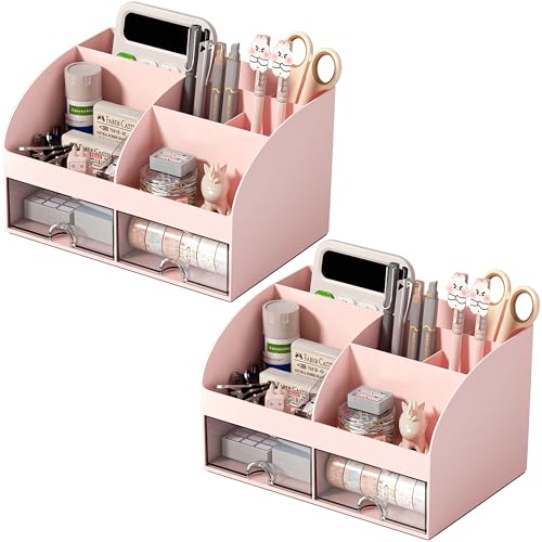 COMFYROOM Desk Organizer with 6 Compartments and 2 Drawers, Plastic Makeup Organizer, Pen Holder for Desktop Storage, Desk Organization for School, Home, Office Supplies Pink-2Pack - color: Pink-2Pack