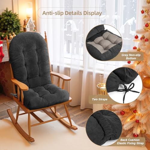 Rocking Chair Cushion - Corduroy Fabric, High-Density Sponge, Durable Comfort Non-Slip Bottom Tufted Seat Pads with Ties, Corduroy︱Deep Gray, 44x19x4 inch - color: Corduroy | Deep Gray