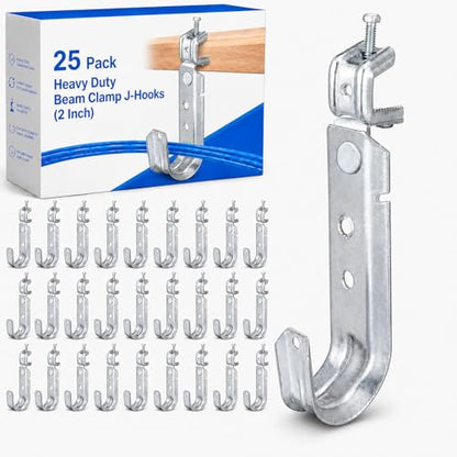 Tandefio 25 Pack Cable Support J Hook with Beam Clamp, Heavy Duty Metal Wire Cable Support J Hook Hangers for Wire Management (2 Inch) - size: 2 Inch