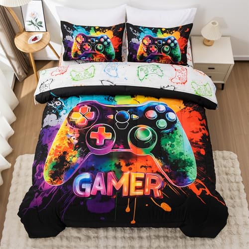 NTBED 5pcs Twin Game Comforter Set for Boys Kids Gaming Bedding Sets | Watercolor Gaming Lightweight Microfiber for Boys Girls - color: Gold, size: Twin
