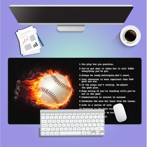 Large Gaming Mouse Pad (31.5" x 15.8")- Fantasy Baseball with Flame Inspirational Quote Wisdom for Success in Life & Sport, Extra XXL Office Accessories, Premium Stitched Anti-Slip Desk Mat - color: Motivational Quote Design