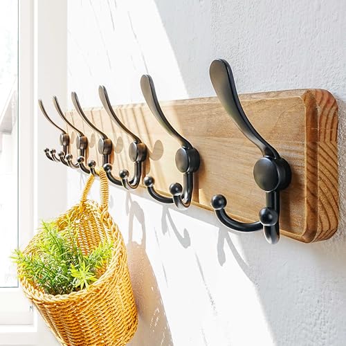 Dseap Coat Rack Wall Mounted - 24" Long 6 Tri Hooks, Heavy Duty Wooden Wall Coat Hanger Coat Hook for Clothes Hat Jacket Clothing, Weathered Yellow and Black - color: Weathered Brown & Black, size: L=24"