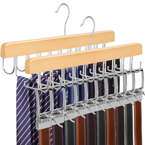 TOPIA HANGER 2 Pack 2 in 1 Belt Tie Hanger for Closet Max 60 Belts with 60 Ties Capacity, 20 Hooks Belt Tie Racks Wooden Hanger for Closet Organizer Space Saving “U” Fit Belt and “一” Fit Tie - CT59N - color: Natural-2 Pack