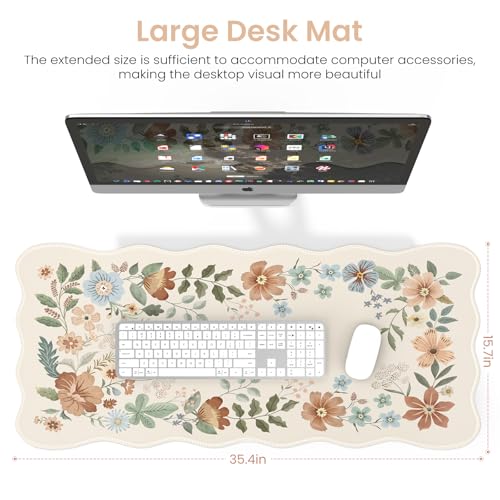 HAOCOO Scalloped Desk Matt for Desktop, Non-Slip Mouse Pad, Washable Cute Desk Pad Mat, Floral Keyboard Mat with Edge Stitching, Large Mouse Mat for Office Aesthetics, Home Decor(Beige) - color: Beige Wave