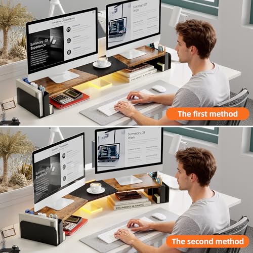 WESTREE Dual Monitor Stand Riser with Pen Holder, Computer Monitor Riser with Adjustable Angle and LED Light, Desktop Monitor Stand Riser Storage Organizer for Computer, Laptop, Printer, TV(Rustic Brown)