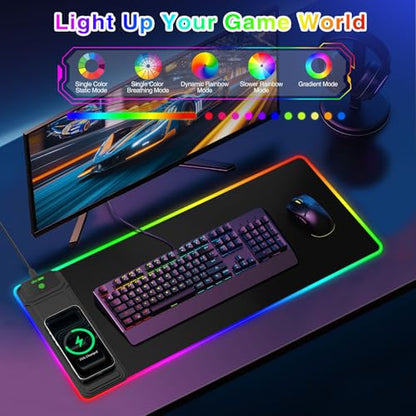 XXL RGB LED Gaming Mouse Pad with Magnetic Wireless Charger & Foldable Phone Holder, 31.5"x11.8" Extended Ultra-Smooth Desk Mat, 25 Lighting Effects, Non-Slip Base - color: RGB-31.5"x11.8"-Magnetic Stand-Left