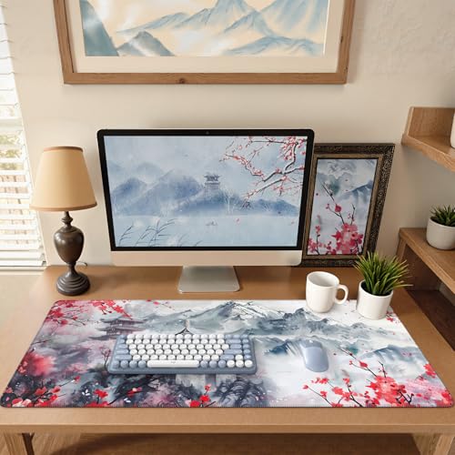 iCasso Desk Protector Mat, Large Japanese Mouse Pad, Stable Rubber Base Mousepad with Stitched Edges, Keyboard Mouse Mat Desk Pad for Work, Game, Office, Home(Sakura) - color: Sakura