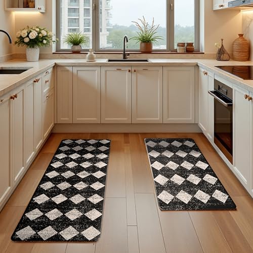 Black Beige Moroccan Trellis Checkered Kitchen Rug Sets [2 PCs], Anti-Fatigue, Waterproof Non-Slip Kitchen Mats Heavy Duty Ergonomic Comfort Foam Rug for Floor, Home, Laundry,17"x29"+17"x47" - color: Trellis-black & Beige, size: 17.3"x29"+17.3"x47"-0.4"H