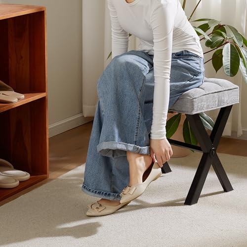 Royal Windsor Vanity Stool,Square Ottoman Stool Foot Rest,Upholstered Vanity Chair Foot Stool with Metal X Legs, Small Vanity Seat for Entryway,Bedroom and Living Room,Linen Light Grey - color: 12.6"d Light Grey+black