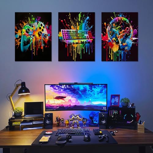 Dazzlewall 3Pcs Gaming Wall Art Colorful Gamer Posters | Controller Keyboard Headphone Prints, Paint Splatter Game Room Decor - color: Neon Paint Gamer, size: 12x16 in