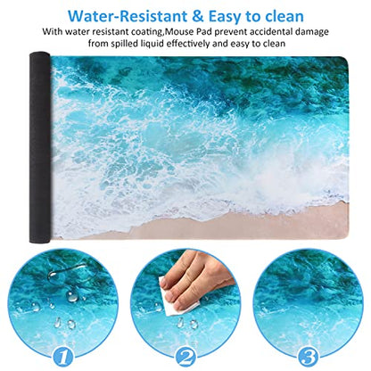 iCasso Extended Gaming Mouse Pad (35.4x15.7 in), Large Non-Slip Rubber Base Mousepad with Stitched Edges, Waterproof Keyboard Mouse Mat Desk Pad for Work, Game, Office, Home - Beach - color: Beach