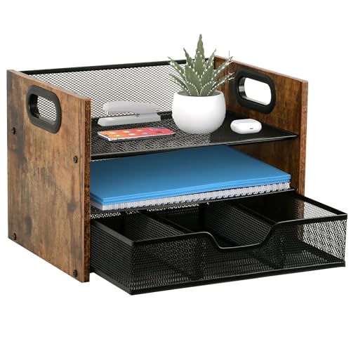 Wood Desk Organizer - 3-Tier Desktop File Organizer with Drawer, Wooden Paper Tray, Office Desk Organzier and Accessories for Papers, Mail, Notebooks, Stationery - size: 3 Tier Drawer