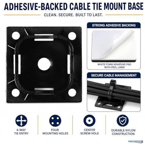 Kable Kontrol Zip Tie Mounts, 1-1/2” Sq, Black, 100 Pcs, Adhesive Backed Multi-Purpose UV-Resistant Mounting Squares Nylon Cable Tie Wrap Anchor Pads for Cable Management - color: Black, size: 1-1/2" Inch Square - 100 Pcs