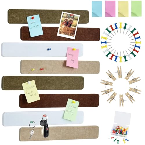 Vuzvuv 8 pcs Bulletin Board Bar Strips with 50 Pushpins & 10 Wooden Clip pins，Self Adhesive Cork Board for Wall，Felt Pin Board for School，Office Decor(Coffee-Brown White) - color: Coffee-brown White