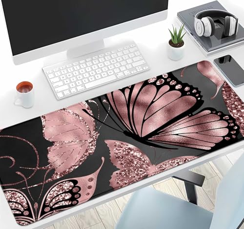 IMAYONDIA Gaming Mouse Pad for Women, Large Non-Slip Rubber Base Mousepad with Stitched Edges, Keyboard Mouse Mat Desk Pad for Work, Game, Office, 31.5x11.8 Inch - Rose Gold Glitter Foil Butterfly - color: Rose Gold Butterfly