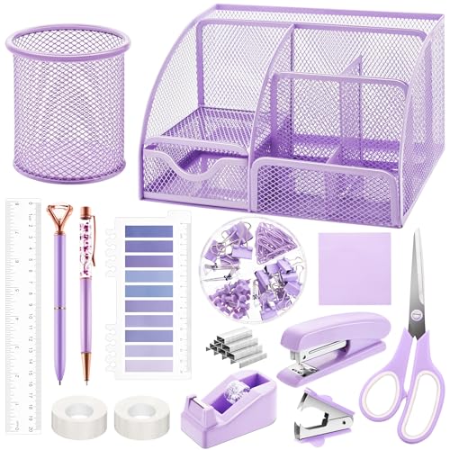 15 Pcs Purple Office Supplies Set Mesh Desk Organizer Accessories Kit Include Stapler Tape Dispenser Staple Remover Clips Ruler Scissors Sticky Notes for Office School Home Women (Purple) - color: Purple