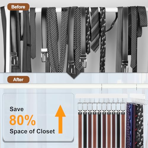 TOPIA HANGER 20 Hooks 2 in 1 Belt Tie Hanger for Closet Max 30 Belts with 30 Ties Capacity, Belt Tie Racks Wooden Hanger for Closet Organizer Storage “U” Fit for Belt and “一” Fit for Tie - CT47W - color: White