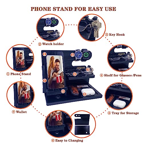 VEIYAILU Gifts for Dad Men Mom Women from Daughter Son Birthday Gifts Nightstand Organizer Mens Wood Phone Docking Station (Black) - color: black
