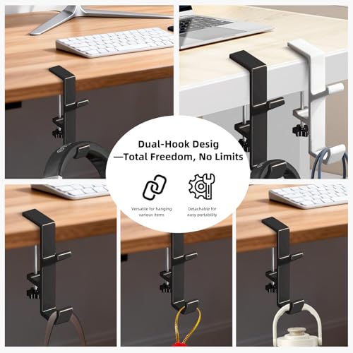 Desk Mount Bag Holder Hook Clamp,On Backpack Hanger Portable Desk Mount Headphones Holder for Reduce Desk Clutter Table Desk Table Hanging Storage(2 Pcs-Double Hook Black) - color: 2 Pcs-Double Hook Black