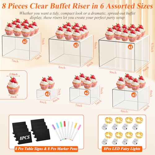 8 Pcs Clear Acrylic Buffet Risers with LED Fairy Lights, Acrylic Food Risers with Mini Sign and Maker, Clear Buffet Risers and Stands for Party Catering Dessert Collectibles(9" 8" 7" 6" 5" 5" 4" 4" ) - color: Clear 9" 8" 7" 6" 5" 5" 4" 4"